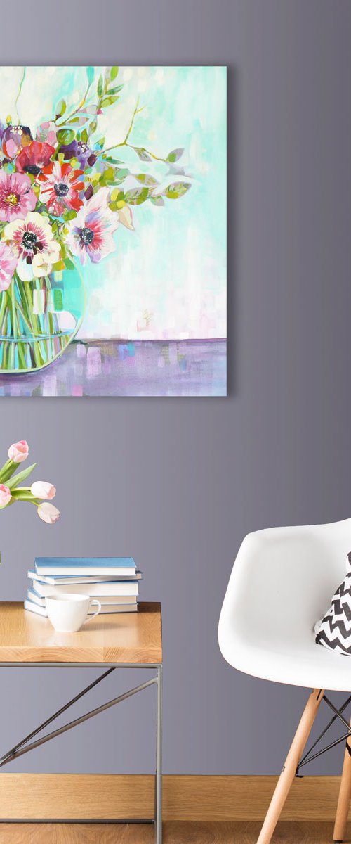 Spring anemones (semi abstract floral / flower painting with collage elements) by Carolynne Coulson