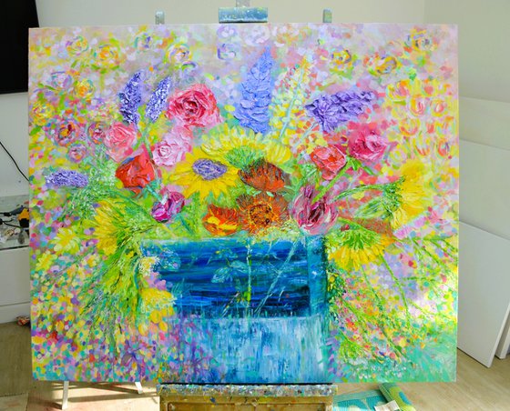 Sunflowers,Stocks and Roses Oil Painting