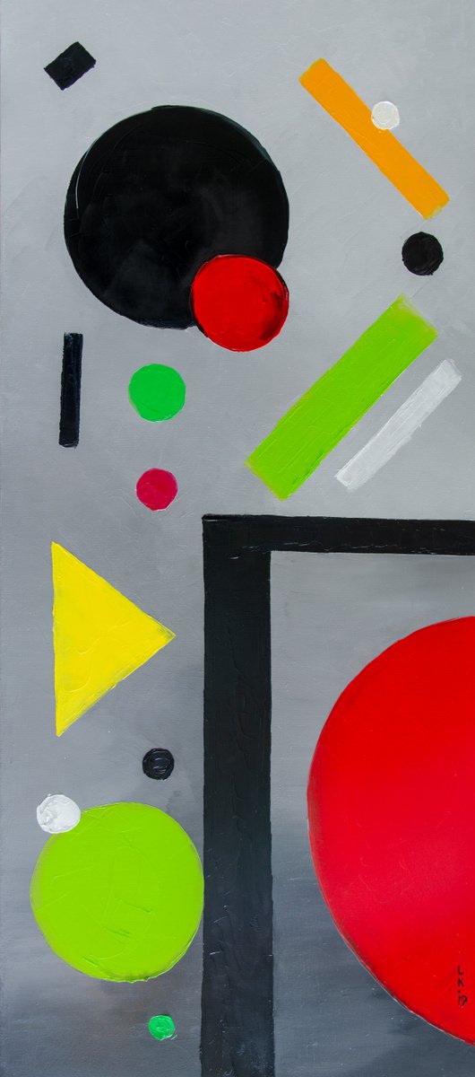 Geometric Abstract Oil Painting By Liubov Kuptsova, 16 X 35", Fun Geometry, Original Artwork