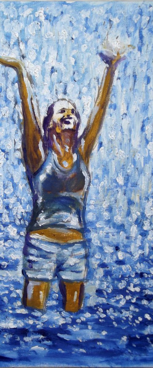 RAINY LAKE GIRL - Moment of Happiness - Thick oil painting - 30x39cm by Wadih Maalouf