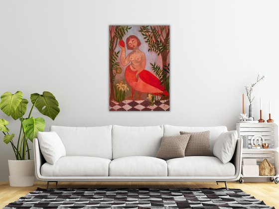 Sirens Art Modern Woman Nude, Bird Woman, canvas, oil - Garden guards 63x90 cm