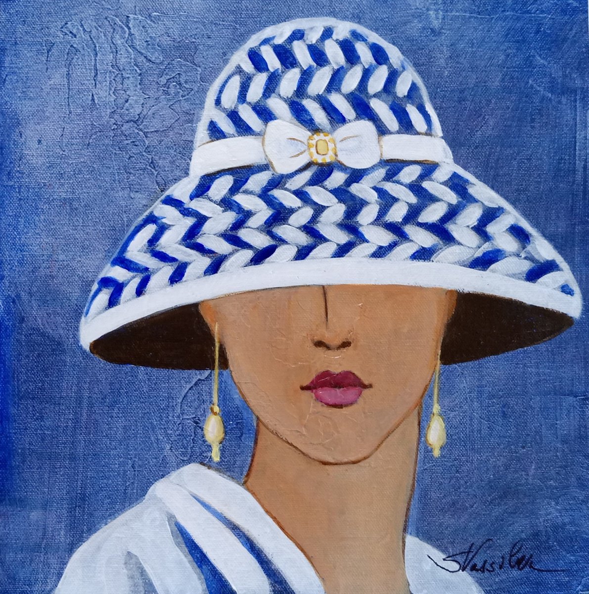 Expressive Portrait Acrylic Painting By Silvia Vassileva, 12 X 12", Lady With Hat Ii, Original Artwork