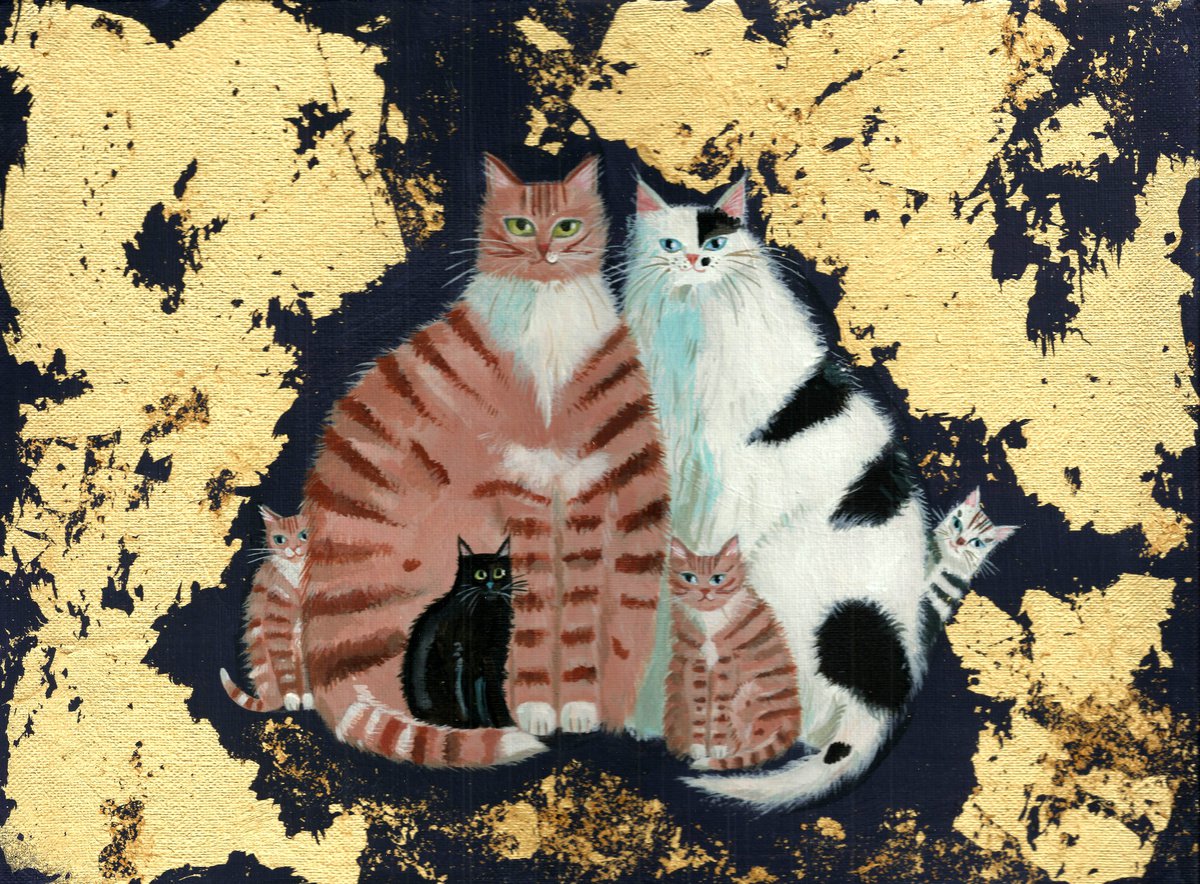 Naive Acrylic Painting , Feline Family Portrait By Mary Stubberfield, 16 X 12, Artwork For Sale On Artfinder