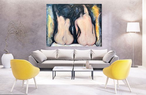 GOSSIP GIRLS - Gemini zodiac sign - nude art, large original painting, two nudes, erotic art by Karakhan