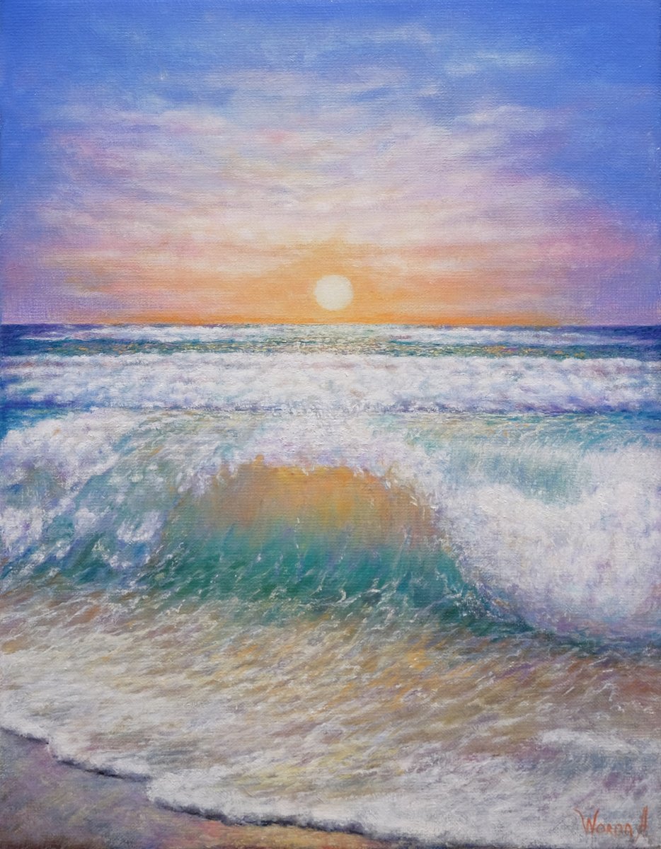 Photorealistic Landscape Oil Painting By Anastasia Woron, 12 X 16, The Sunset Over The Sea., Original Artwork