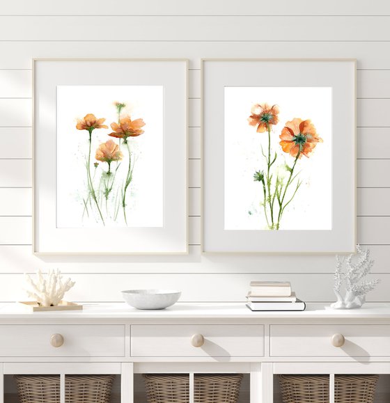Set of 2 Orange Flowers Paintings
