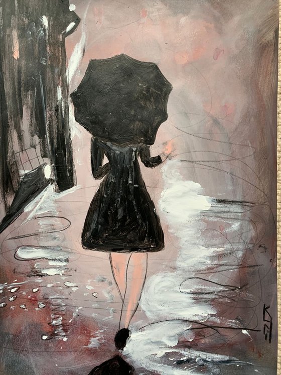 Painting of Woman / Walking in Rain / Portrait / Original Artwork / Rain Painting / Gifts For Him / Home Decor Wall Art 11.7"x16.5"