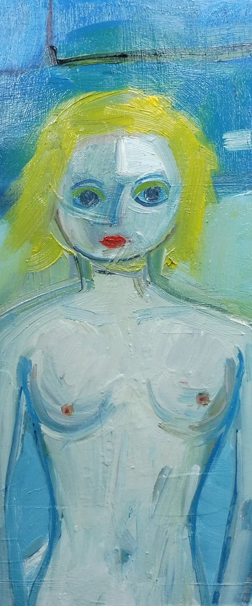 NUDE CUTE BLONDE FEMALE RED WINE. Original Female Figurative Oil Painting. Varnished. by Tim Taylor