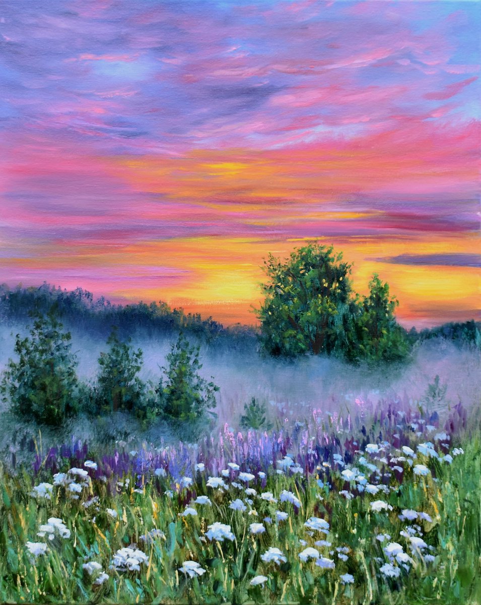 Impressionistic Landscape Oil Painting By Yulia Nikonova, 16 X 20", Foggy Morning, Original Artwork