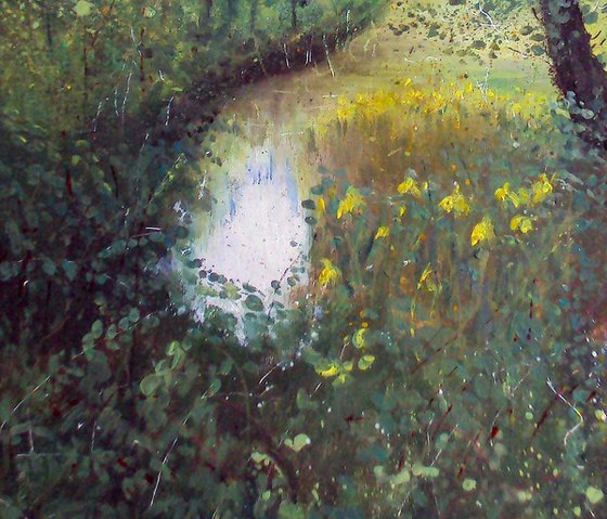 Secret woodland pond with yellow Irises