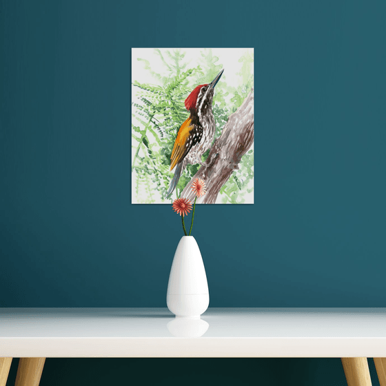 black-rumped flameback woodpecker, original watercolor painting