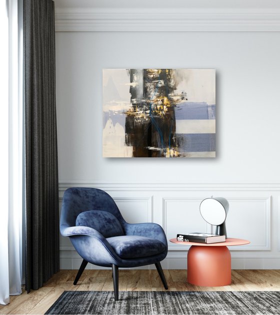 Burning Silence. Abstract with brown stripes. Bluish and liliac wall art.