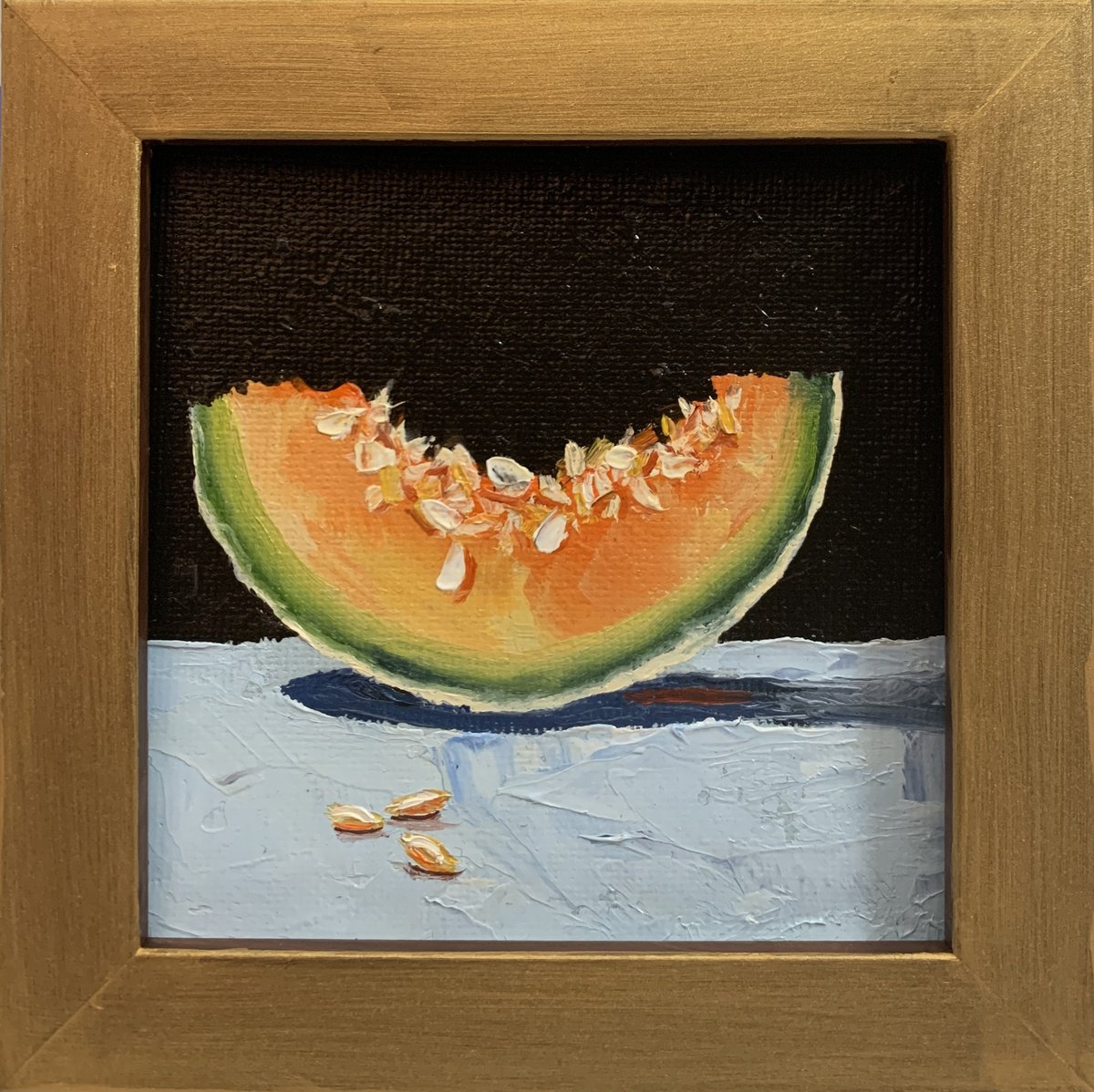 Expressive Still Life Oil Painting By Vita Schagen, 5 X 5", Cantaloupe Melon Slice., Original Artwork