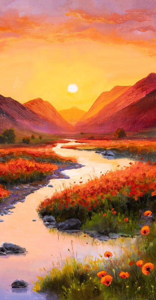 Poppies by the river at sunset by Lucia Verdejo