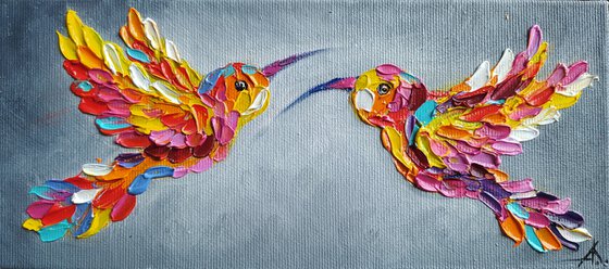 Hummingbirds in love - birds, love, animals oil painting, art bird, impressionism, palette knife, gift.