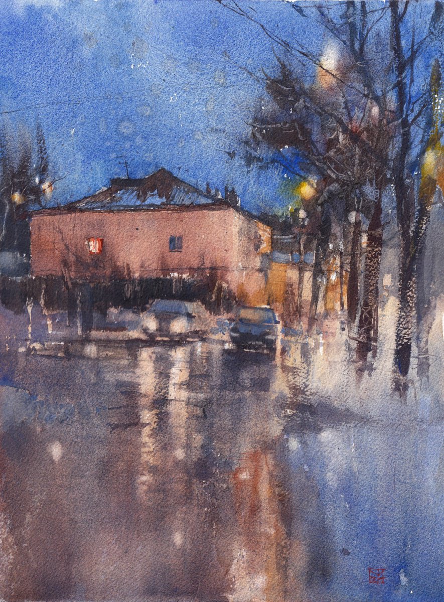 Impressionistic Cityscapes Watercolour By Yurii Prysiazhnyi, 11 X 15", February In The Air, Original Artwork