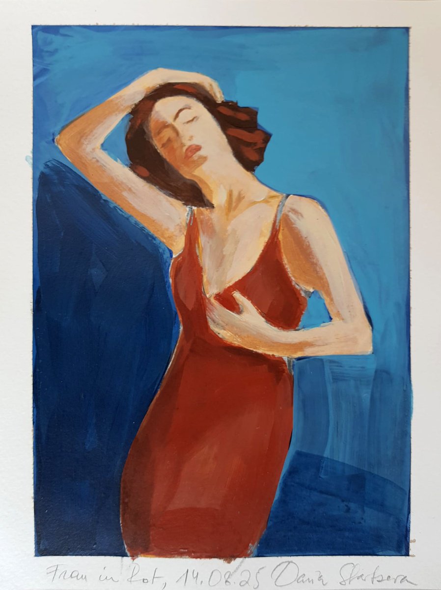 Expressive Portrait Acrylic Painting By Daria Startseva, 6 X 8, Woman In Red, Original Artwork