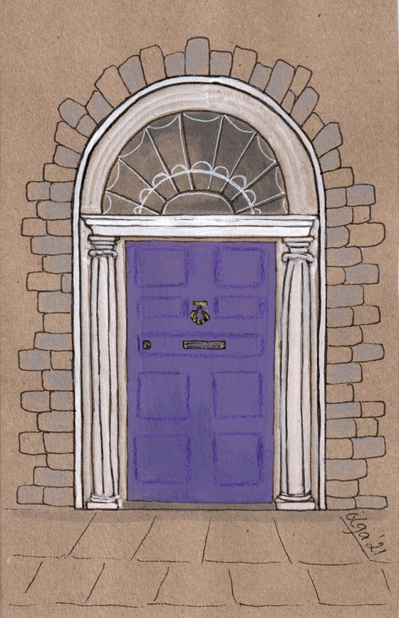 Violet Dublin door - Architecture mixed media drawing - City framed art - Gift idea