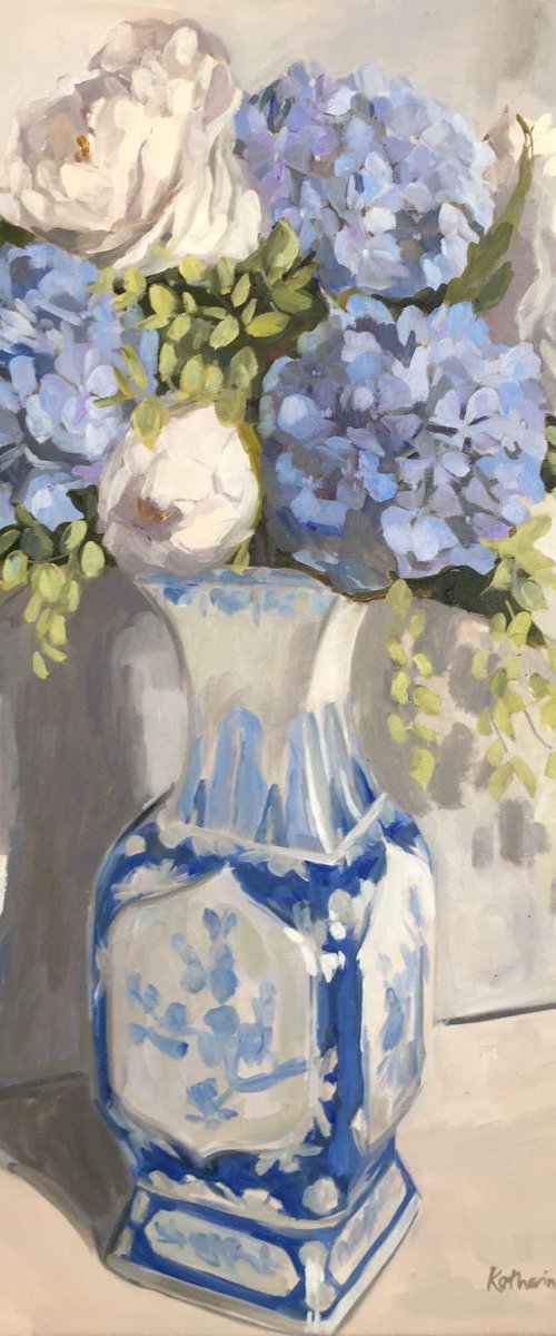 Blue Hydrangeas in Chinese vase by Katharine Rowe