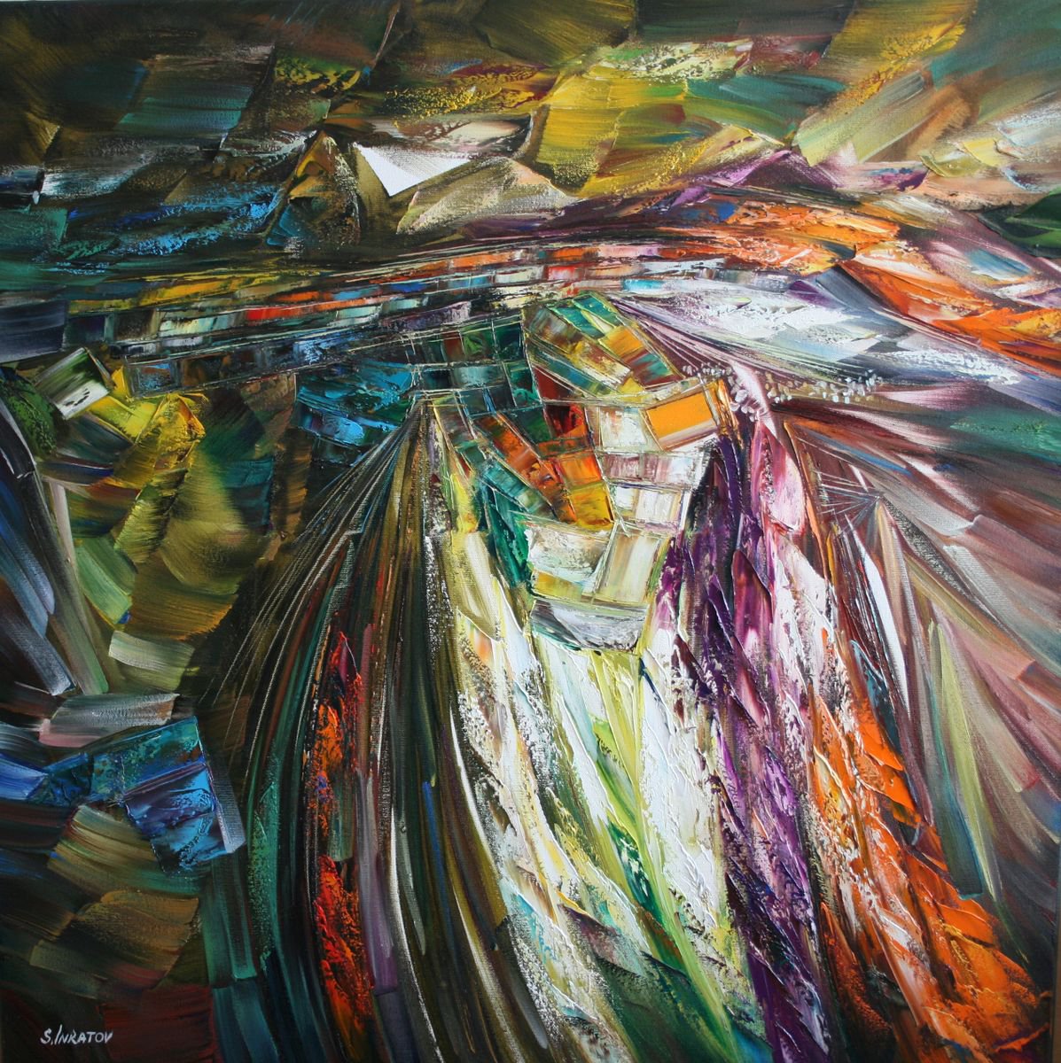 Abstract Oil Painting By Sergei Inkatov, 31 X 31", Autumnal Echo, Original Artwork