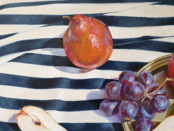 "Pears and grapes on a striped tablecloth."  still life summer grape pear white liGHt original painting  GIFT (2019)