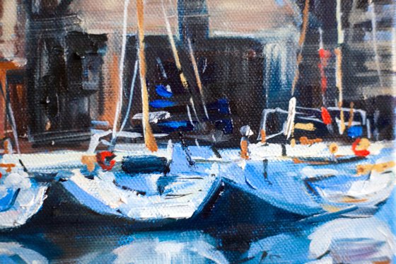 Honfleur harbor. Original oil painting medium size. France sea boats ships blue Normandy seascape reflections landscape impressionism