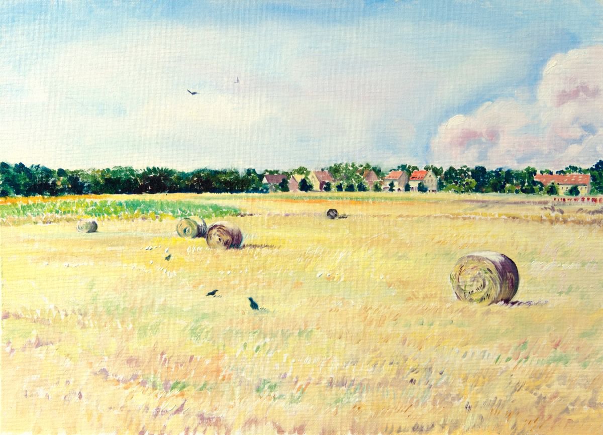 Impressionistic Landscape Oil Painting By Daria Galinski, 16 X 12, Landscape With Haystacks, Original Artwork