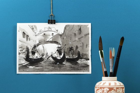 Venice, Bridge of Sighs, ink original sketch painting