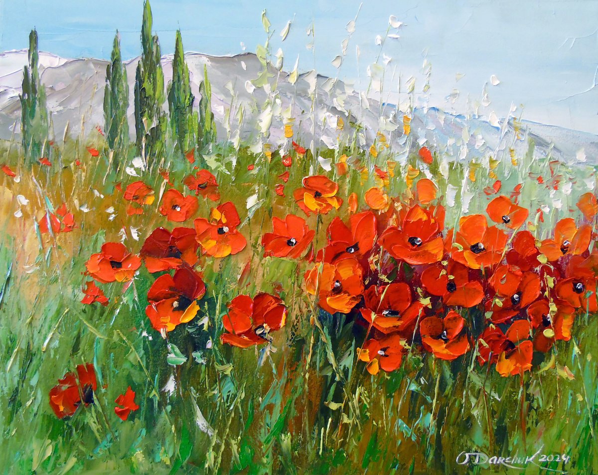 Impressionistic Botanical Oil Painting By Olha Darchuk, 20 X 16", Field Of Poppies Near The Mountains, Original Artwork