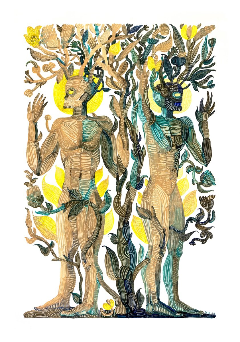 Naive Portrait Watercolour By Yuliia Dunaieva, 28 X 39", Garden, Original Artwork