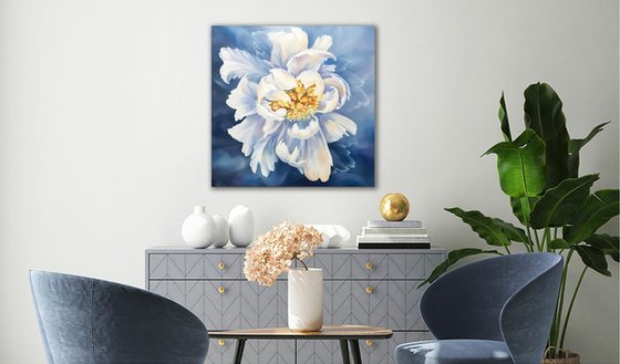 WONDERFUL DREAM -  oil painting, 50/50,  realism, white flower on blue