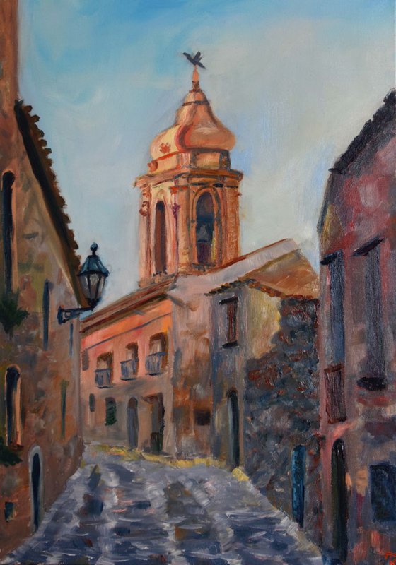 Original oil painting on canvas Italian street, Erice