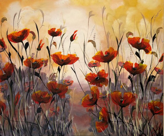 Red poppies on a large canvas