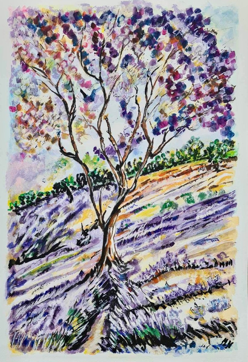 Impressionistic Landscape Watercolour By Misty Lady - M. Nierobisz, 13 X 19", Lavender Dremscape, Original Artwork