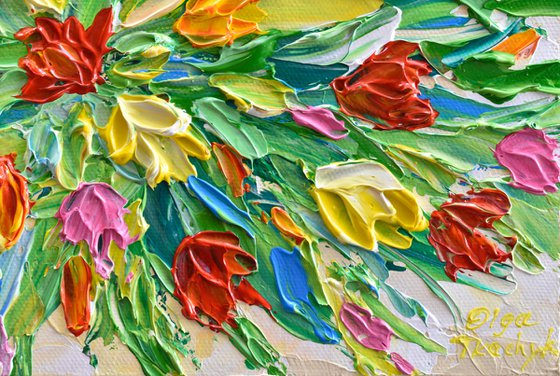 Spring Tulips - Impasto Flower Painting, Colorful Palette Knife Floral Artwork, Small Canvas, Gift for Mom