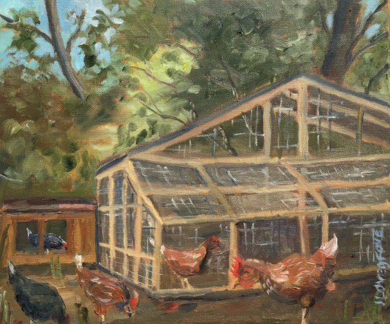 Chickens at Play - a ready supply of eggs, An original oil painting.