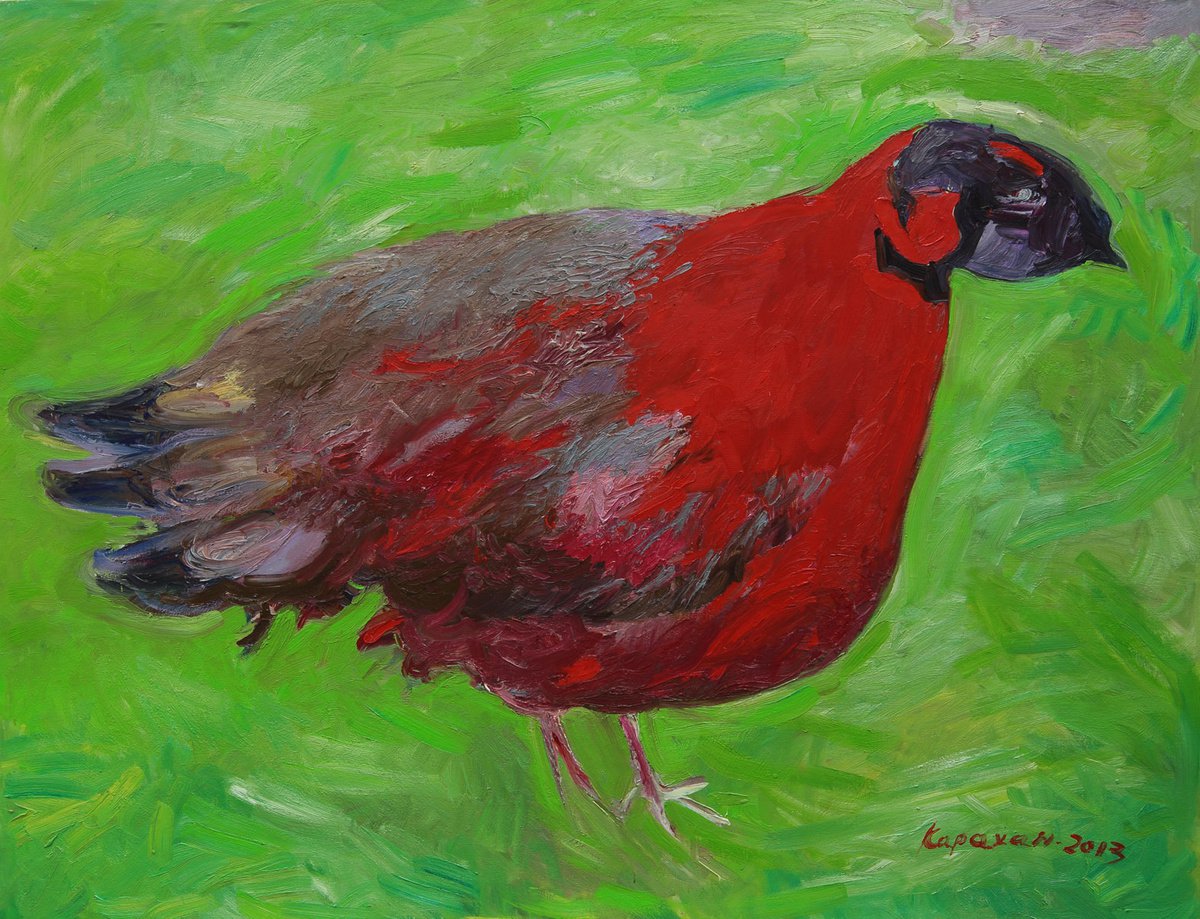 BIRD - animal art, original oil painting, interior home decor, large size, red green colo... by Karakhan