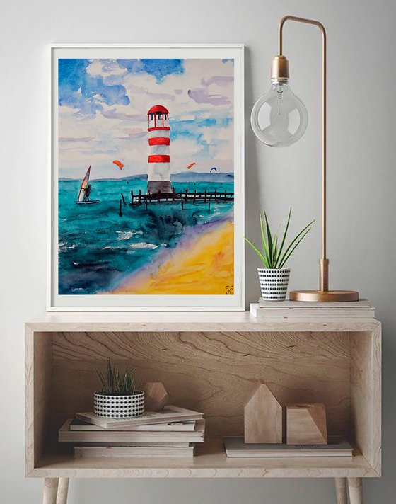 Lighthouse watercolor original painting, seascape wall art, coastal home decor