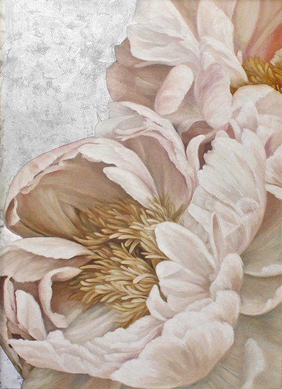 "Silk Flowers" Pink silver peonies oil art
