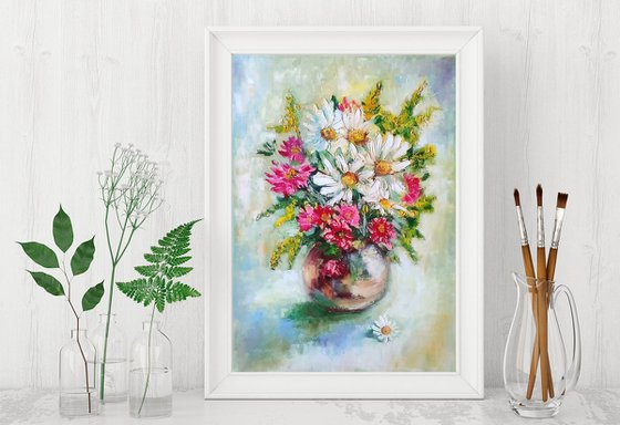 Daisy Painting Original Art Pink Floral Oil Painting Daisies Artwork Flower Canvas Wall Art