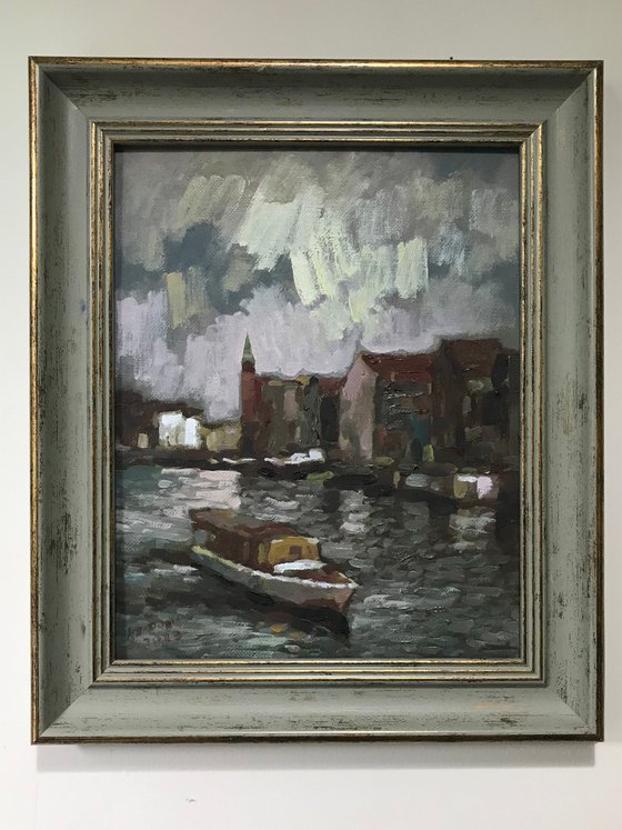 Original Oil Painting Wall Art Signed unframed Hand Made Jixiang Dong Canvas 25cm × 20cm Cityscape Amsterdam Boat Trip Amsterdam River House Small Impressionism Impasto