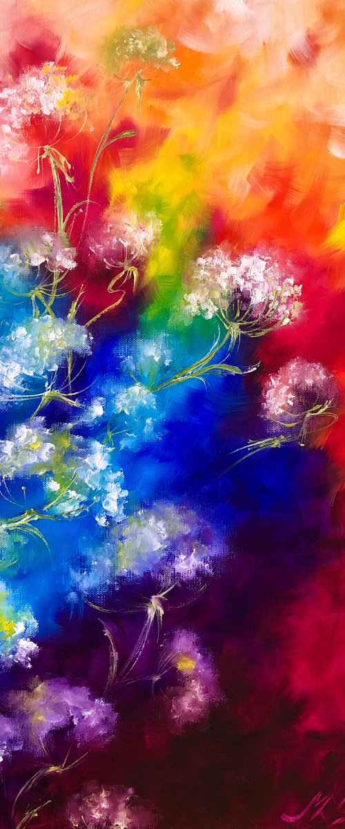 RAINBOW FLOWER SWIRL - Abstract flowers. Rainbow dandelions. Flower field. Red and blue. Pooh. Summer. Emotions. by Marina Skromova