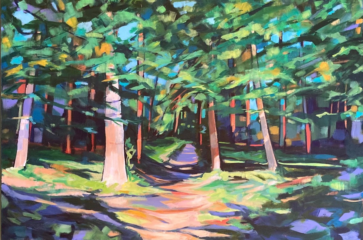 Expressive Landscape Acrylic Painting By Stuart Roper, 47 X 31", Path In The Forest, Original Artwork