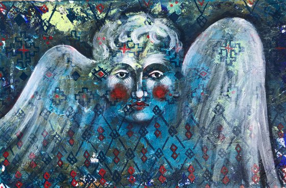 «Cherubs» blue modern triptych with angels