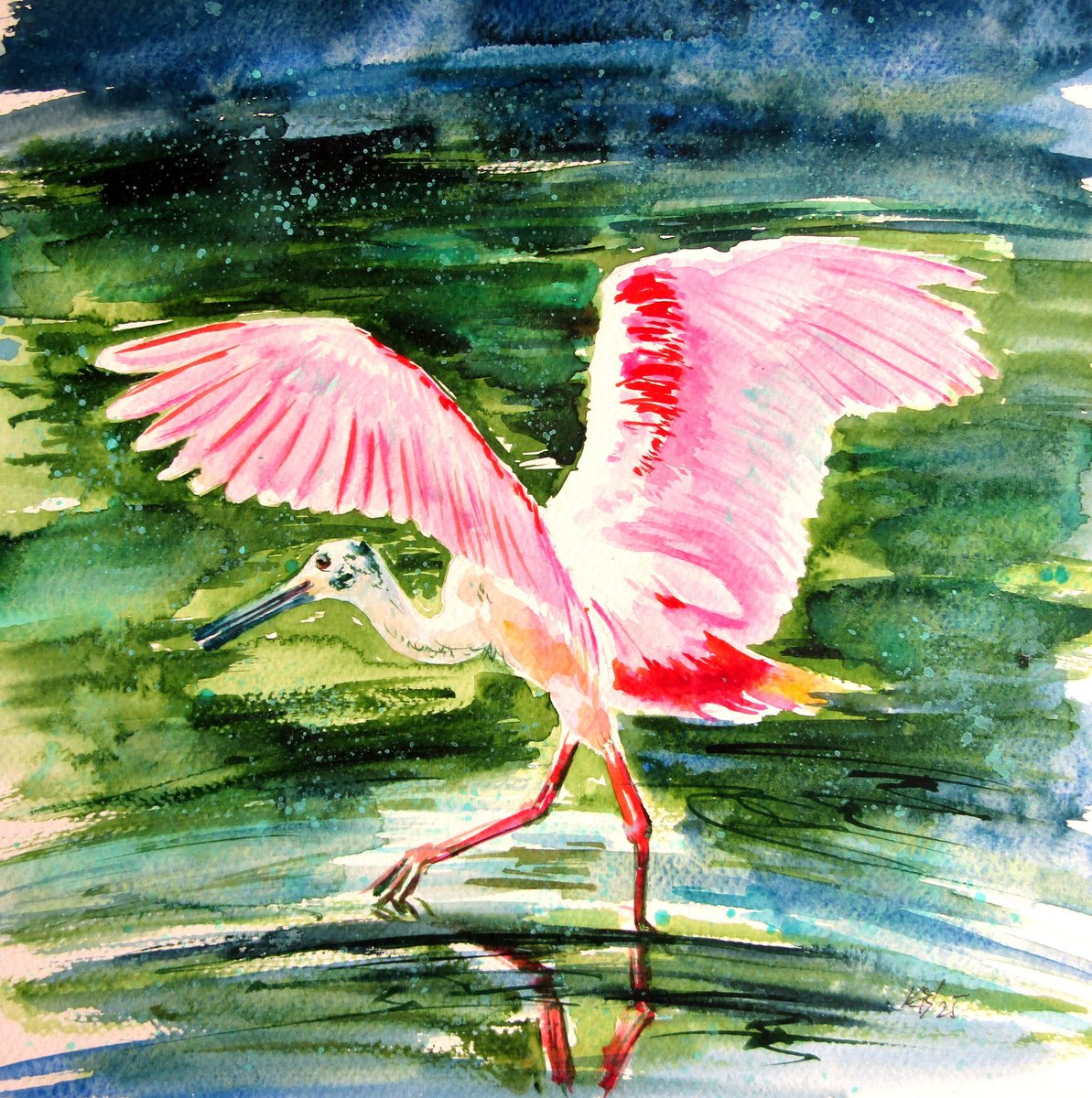 Impressionistic Animal Watercolour By Kovacs Anna Brigitta, 12 X 12", Heron, Original Artwork