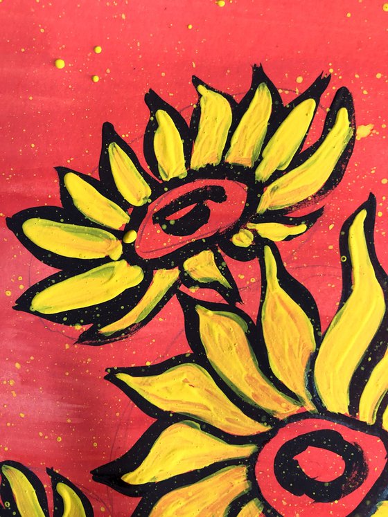 Sunflowers in vase on Red