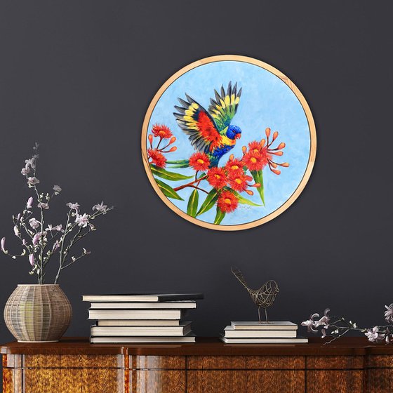 Rainbow lorikeet on a blossoming gum tree – framed original painting