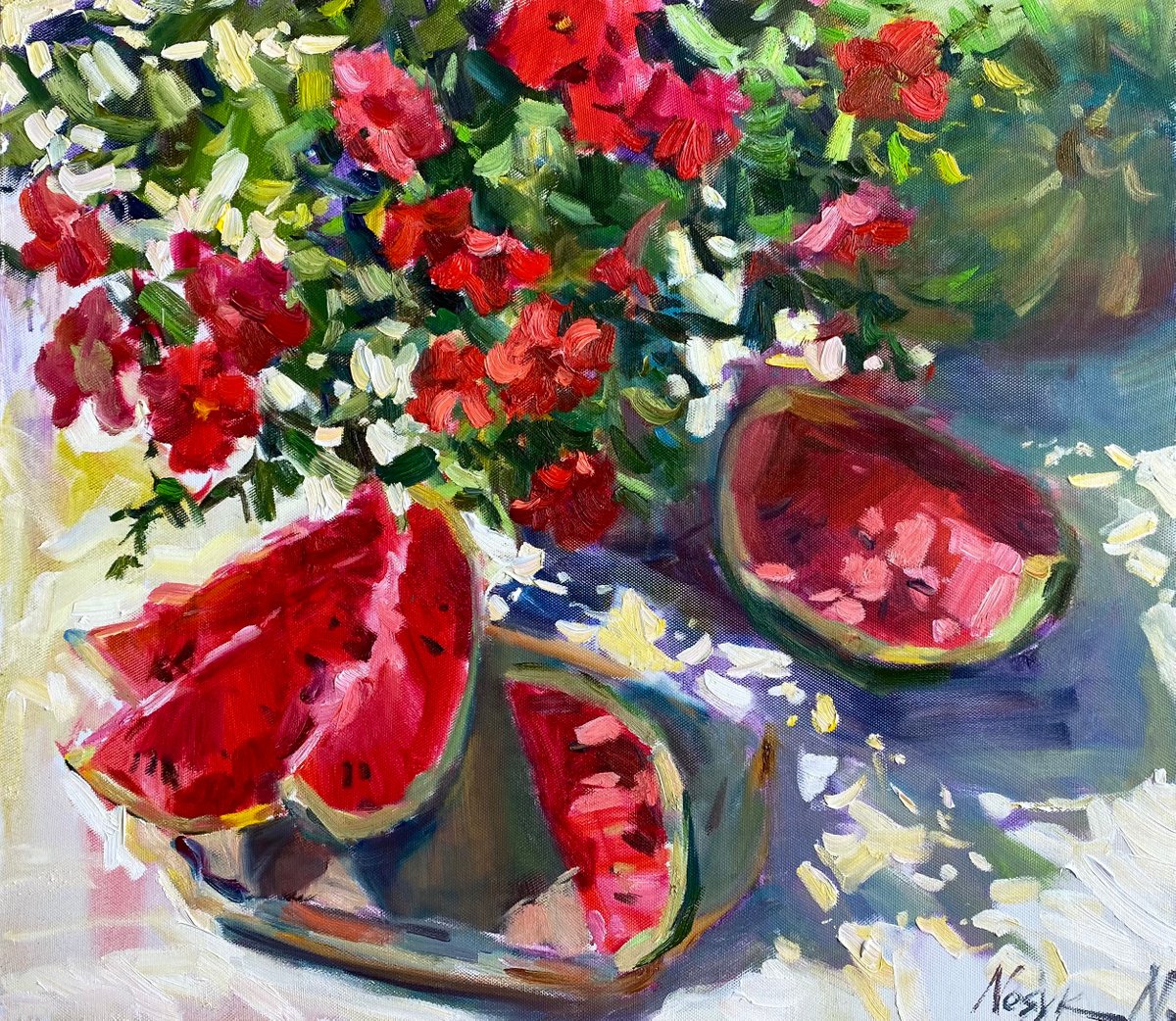 Red petunias and watermelon 70x80cm | oil painting on canvas flowers by Nataliia Nosyk