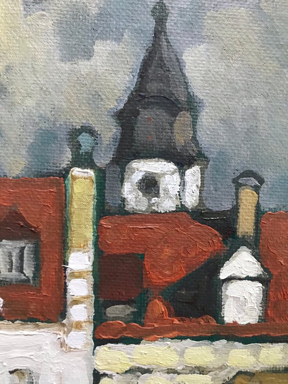 Original Oil Painting Wall Art Signed unframed Hand Made Jixiang Dong Canvas 25cm × 20cm Cityscape Morning Konstanz Lake Germany Small Impressionism Impasto
