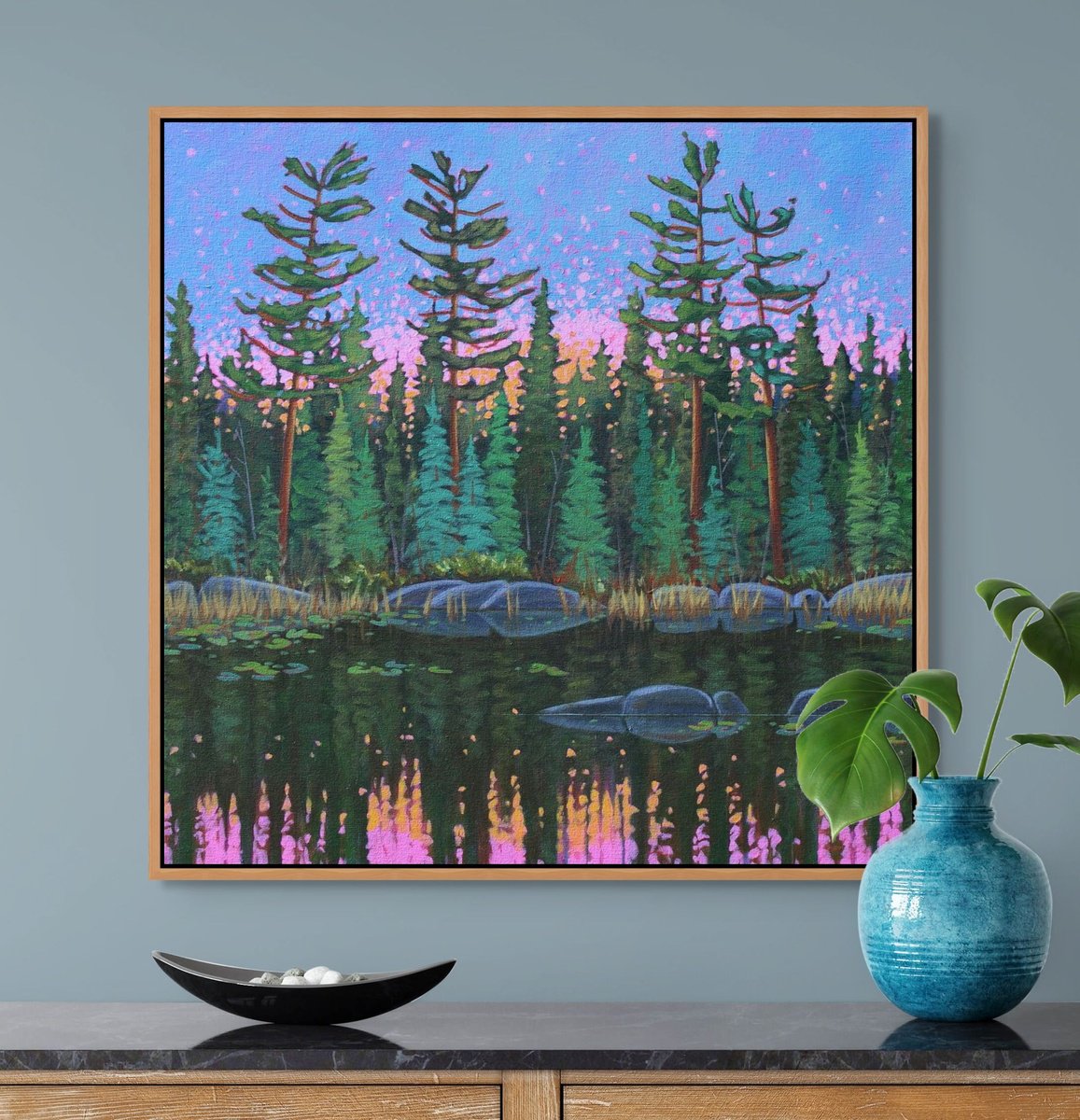 Impressionistic Landscape Acrylic Painting By Sage Mountain Studio, 30 X 30", Morning Sun On The Water, Original Artwork